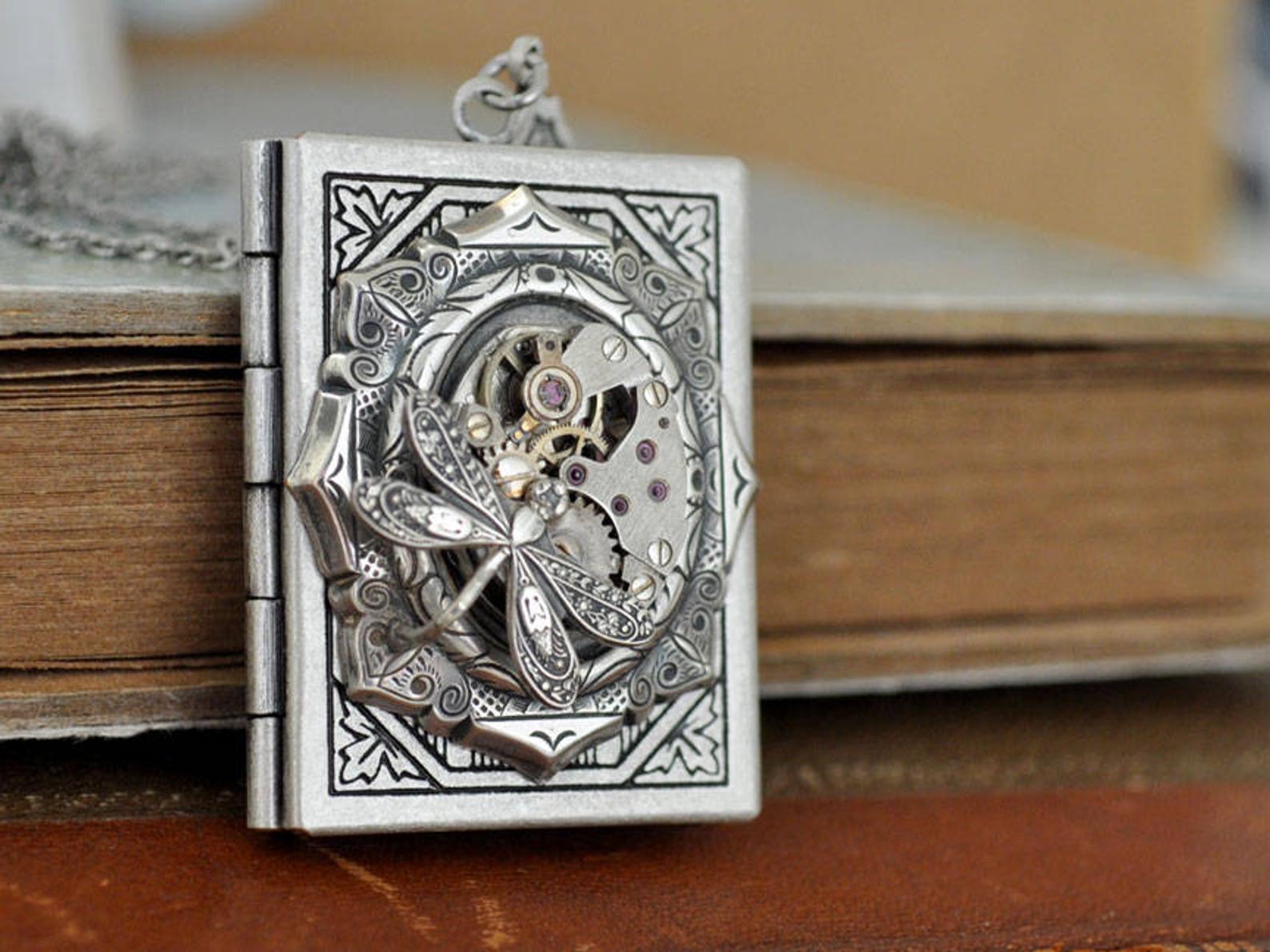 Steam punk book locket with dragonfly